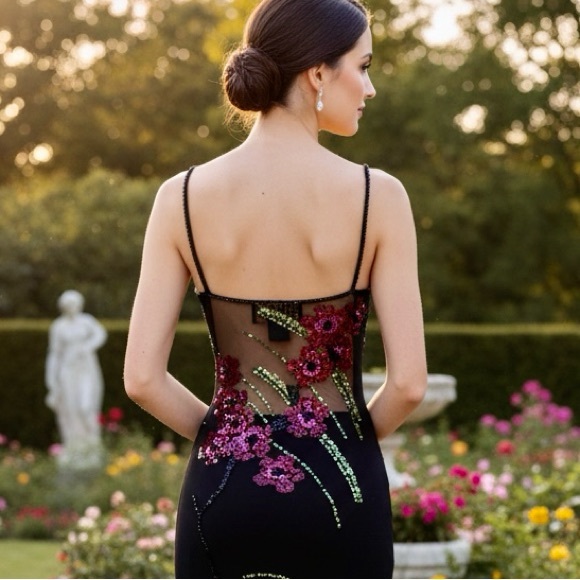 Black hand beaded designer Floral Evening Slip Dress - Picture 5 of 11